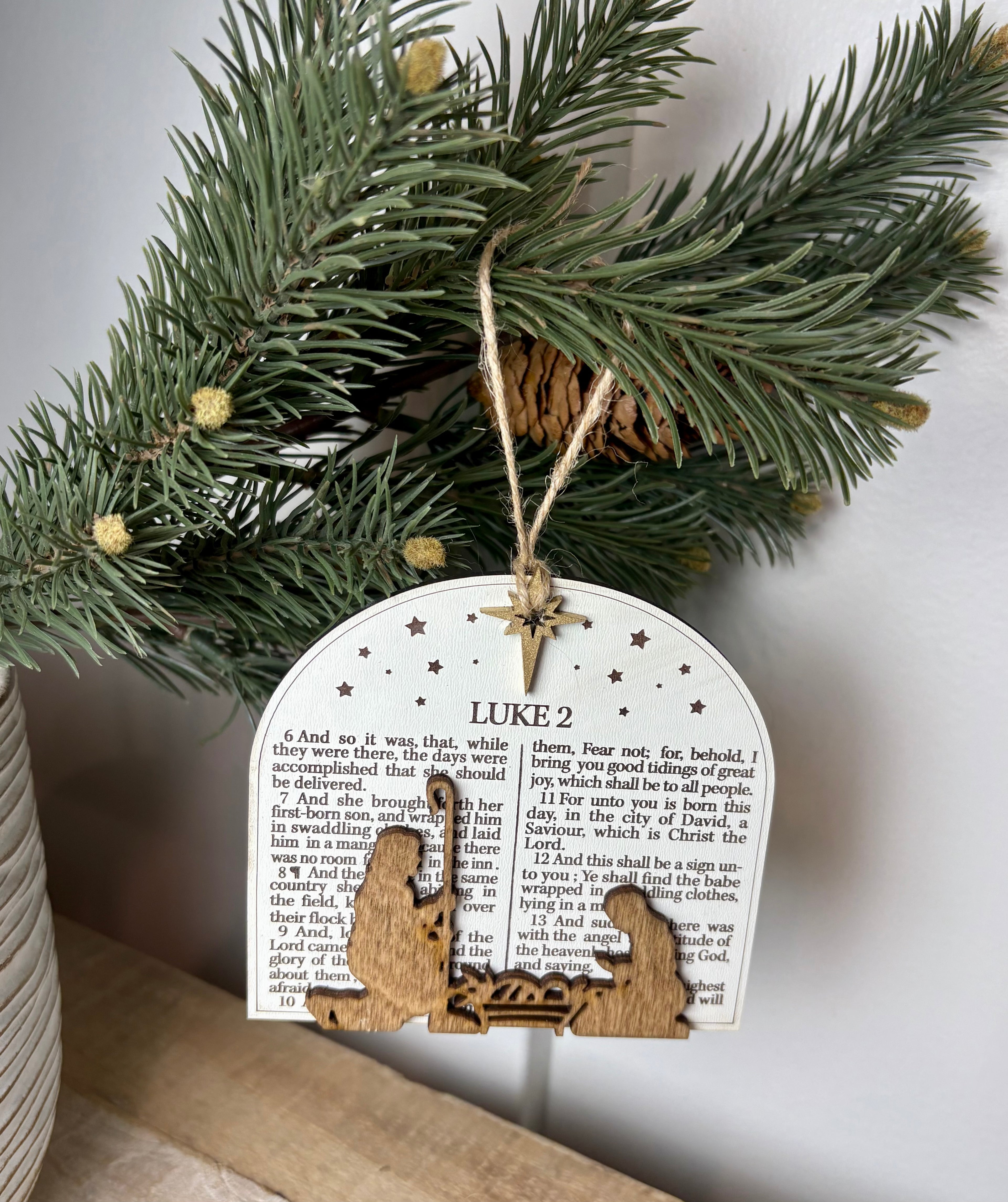 Nativity Ornament with Luke 2 Scripture