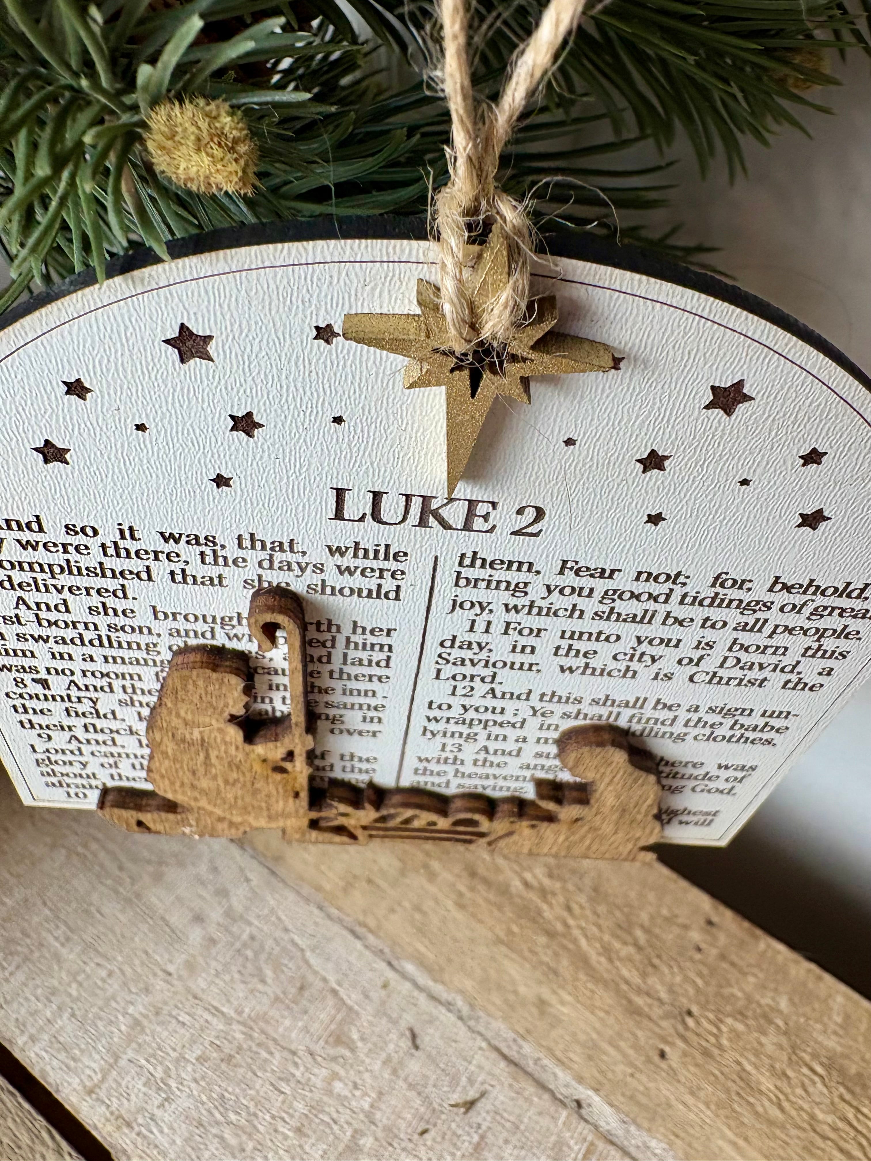 Nativity Ornament with Luke 2 Scripture