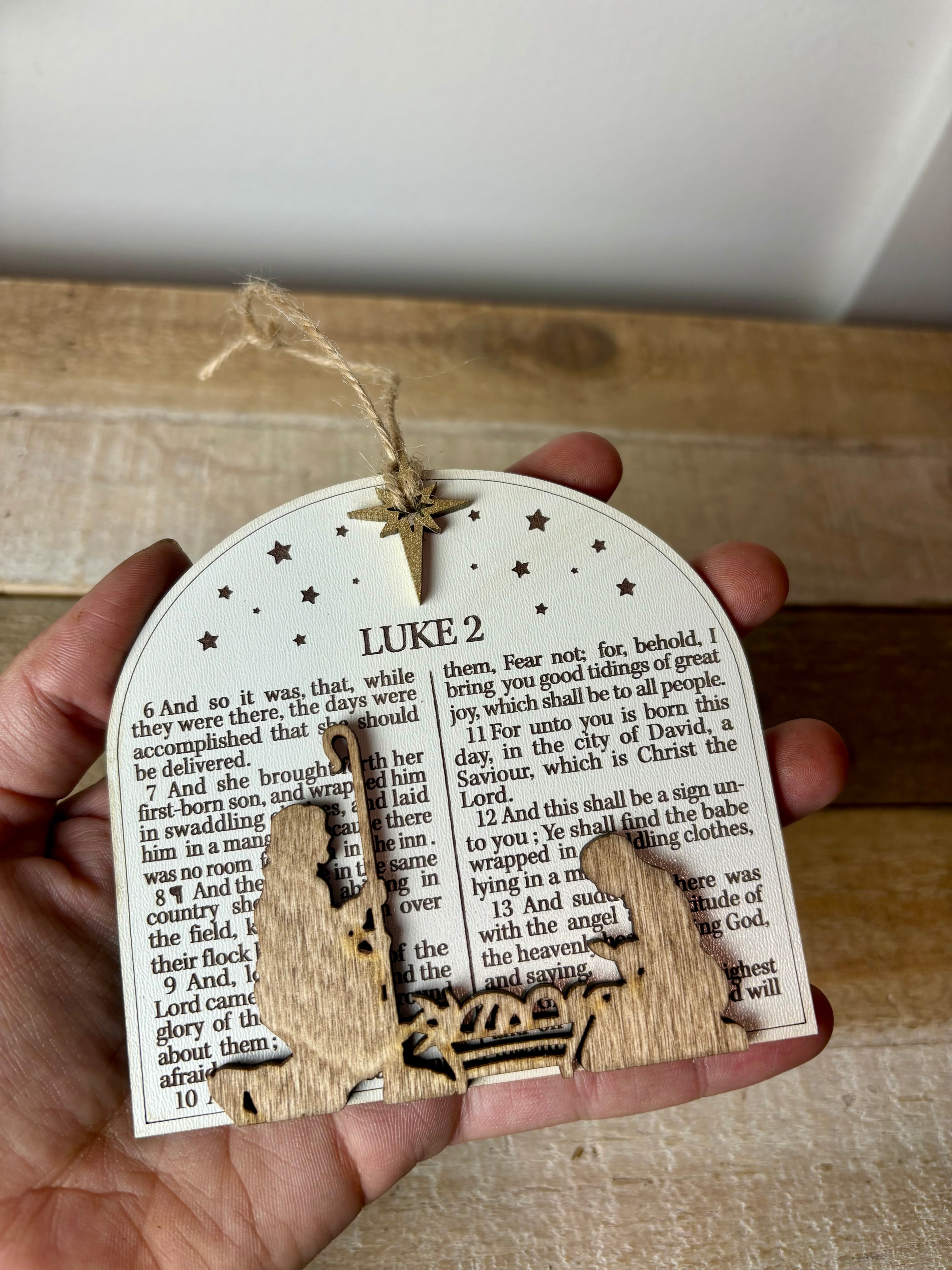 Nativity Ornament with Luke 2 Scripture