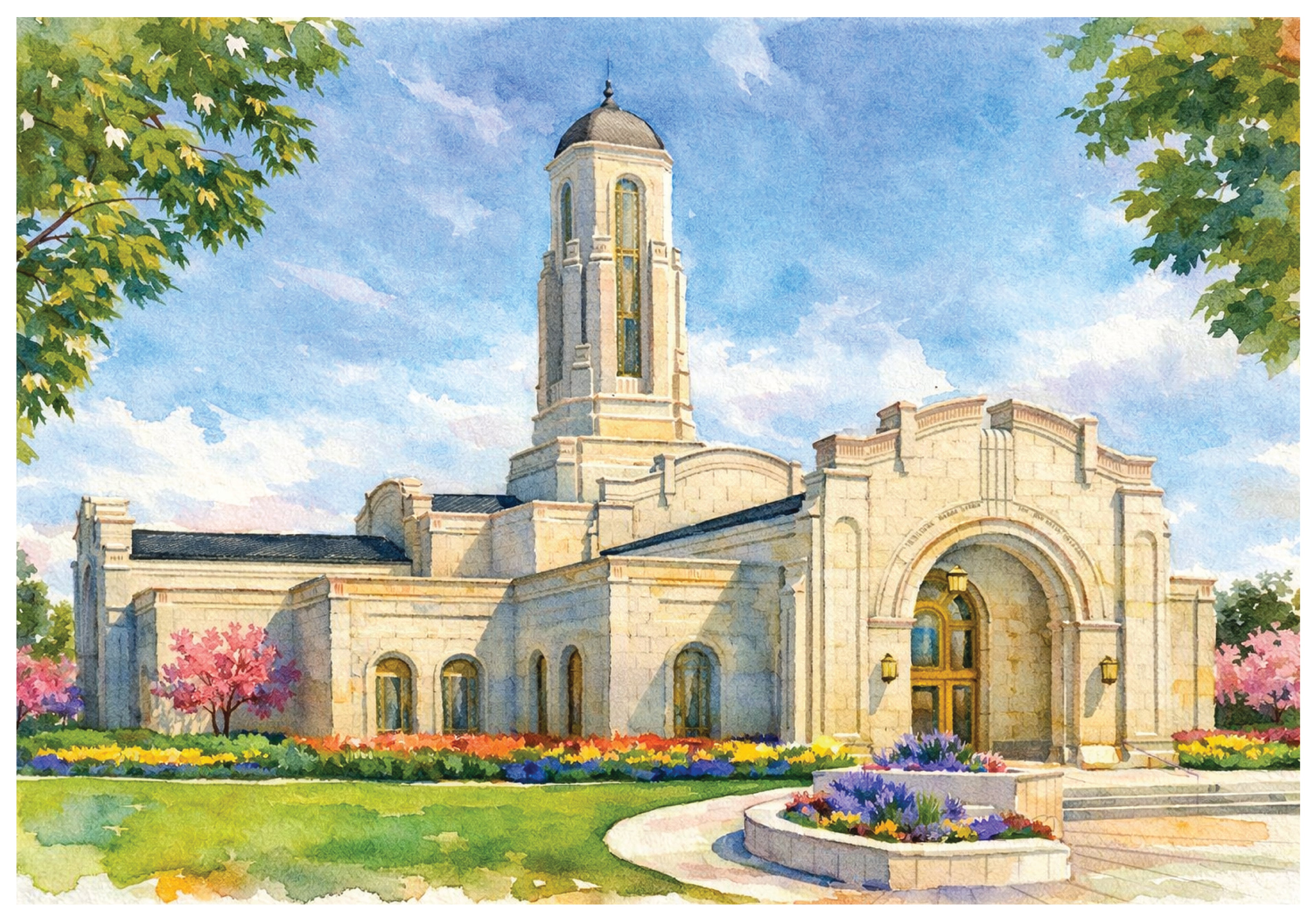 Watercolor-style illustration of the Modesto California Temple of The Church of Jesus Christ of Latter-day Saints, featuring a light stone exterior and central tower beneath a blue sky. The temple is surrounded by green lawns, colorful flower beds, and blooming trees, with leafy branches framing the scene.