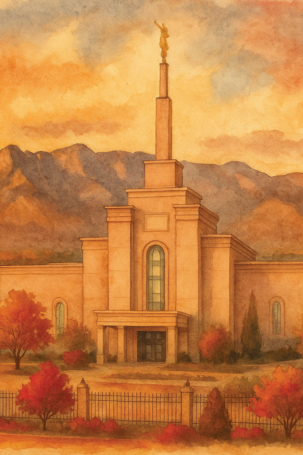 Warm watercolor-style illustration of the Albuquerque New Mexico Temple of The Church of Jesus Christ of Latter-day Saints, featuring a tall central spire topped with the gold Angel Moroni statue. The temple is set against mountain scenery and an orange sunset sky, with autumn-colored trees and a decorative fence in the foreground.