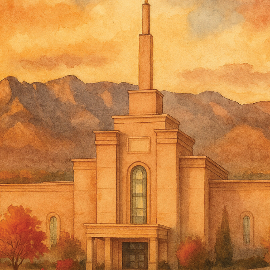 Warm watercolor-style illustration of the Albuquerque New Mexico Temple of The Church of Jesus Christ of Latter-day Saints, featuring a tall central spire topped with the gold Angel Moroni statue. The temple is set against mountain scenery and an orange sunset sky, with autumn-colored trees and a decorative fence in the foreground.