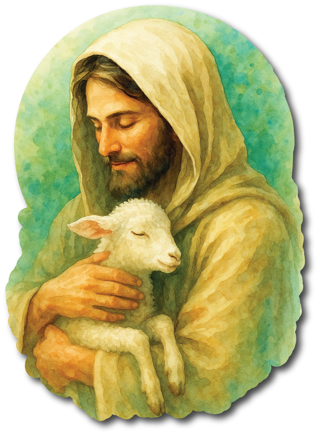Watercolor-style illustration of Jesus Christ wearing a hooded robe, gently holding a small white lamb in His arms. Both have peaceful, closed eyes, conveying tenderness and protection. The background is a soft green wash, giving the image a calm, serene feeling.