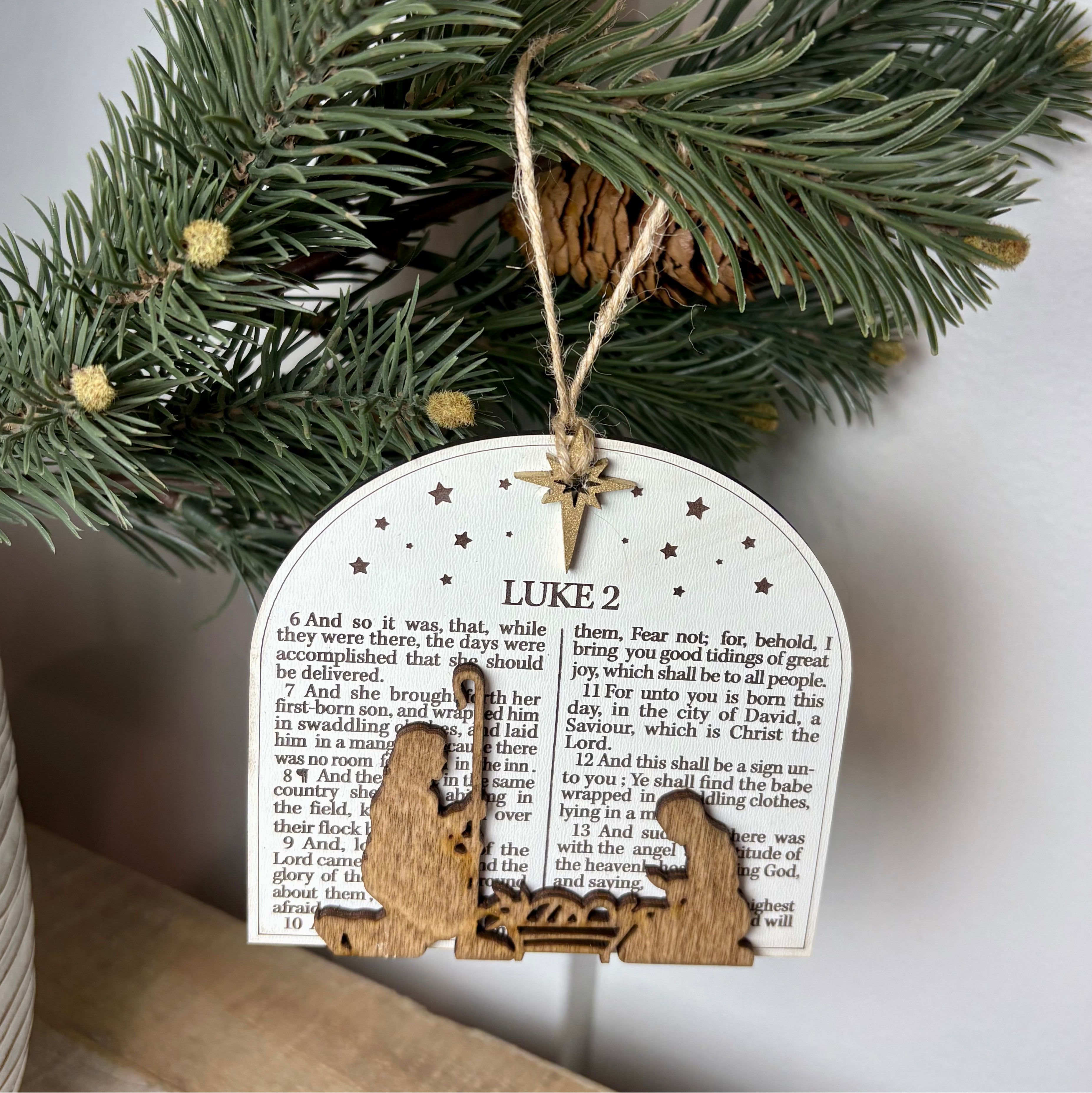 Nativity Ornament with Luke 2 Scripture